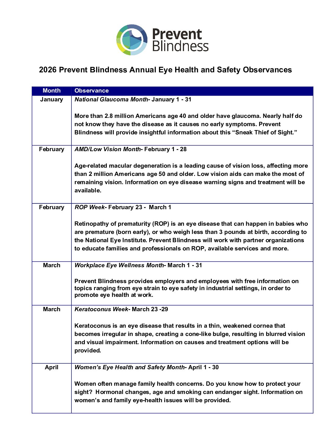 screenshot of page one of the 2026 Prevent Blindness Observance Calendar screenshot of page one of the 2026 Prevent Blindness Observance Calendar