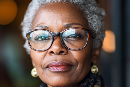 a middle-aged woman wearing glasses. African-Americans are at higher risk for glaucoma